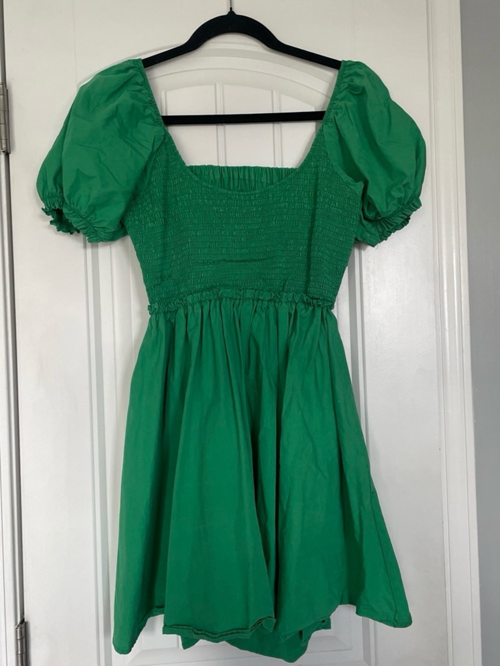 Green Milkmaid Mini Dress Womens Size 10 Smocked Cottagecore Puff Sleeve